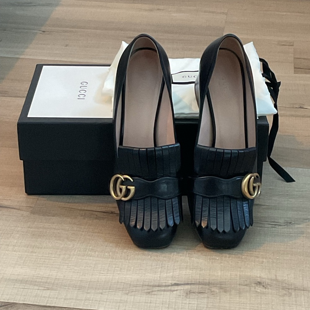 Gucci Black and Gold Heels with Iconic GG Logo